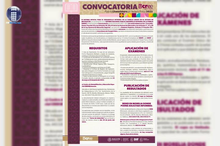 CREE del DIF Michoacán abre convocatoria para la licenciatura en Terapia Física