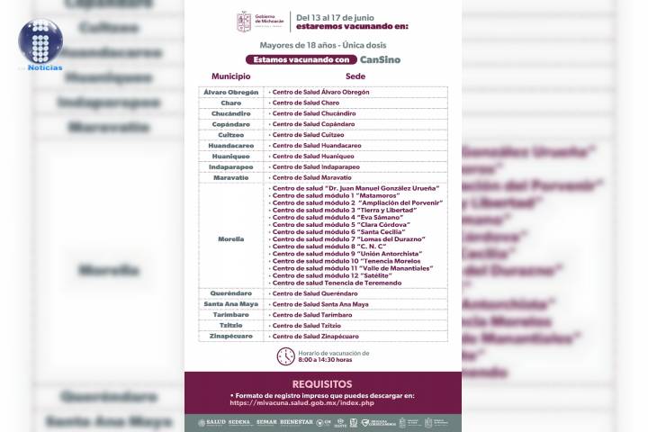 Del 13 al 17 de junio, 14 centros de salud de Morelia vacunarán a rezagados mayores de 18 años